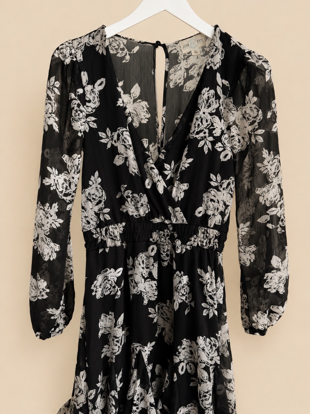 Black & White Floral Wrap Midi Dress